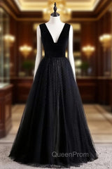 Black Tulle Velvet V-neck Evening Prom Dresses