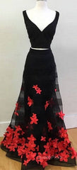 Black Two Pieces Applique Long Evening Prom Dresses, Black Evening Dresses