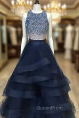 Black Two Pieces Sequin Long Evening Prom Dresses, Black Evening Dresses