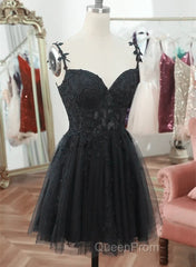 Black V Neck Beaded Tulle And Lace Evening Prom Dresses, Cute Black Homecoming Dresses