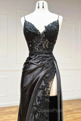 Black V-Neck Lace Long Evening Dresses, Black Spaghetti Strap Evening Gown with Leg Slits