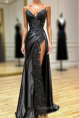 Black V-Neck Lace Long Evening Dresses, Black Spaghetti Strap Evening Gown with Leg Slits