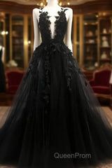 Black V Neck Lace Long Evening Prom Dresses A Line Evening Dresses