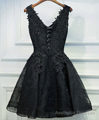 Black V Neck Lace Short Prom Dress, Black Cute Homecoming Dresses