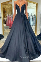 Black v neck satin long Evening Prom Dresses, black evening Dresses