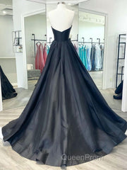 Black v neck satin long Evening Prom Dresses, black evening Dresses