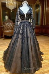 Black V Neck Tulle Lace Beads Long Evening Prom Dresses Black Evening Dresses