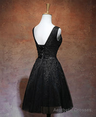 Black V Neck Tulle Lace Short Prom Dress, Black Homecoming Dresses