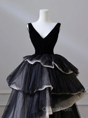 Black V Neck Tulle Long Evening Prom Dresses, Black Long Evening Dresses