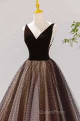 Black V-Neck Tulle Short Evening Prom Dresses, A-Line Black Tea Length Party Dresses