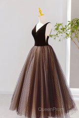 Black V-Neck Tulle Short Evening Prom Dresses, A-Line Black Tea Length Party Dresses