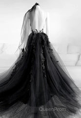 Black V-Neckline Backless Tulle With Lace Party Dresses, Black Long Evening Prom Dresses