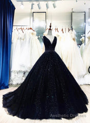 Black V-neckline Shiny Tulle Beaded Sweet 16 Dress, Black Formal Dress