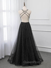 Black V-neckline Tulle and Satin Long Straps Cross Back Evening Prom Dresses, Floor Length Evening Dresses
