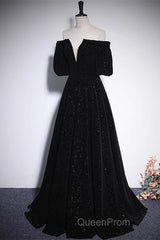 Black V-Neckline Velvet Off Shoulder Party Dresses, A-Line Black Evening Prom Dresses Evening Dresses