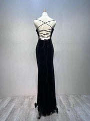 Black Velvet A-line Straps Wedding Party Dress, Black Long Evening Dress Prom Dress