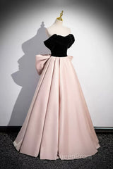 Black Velvet And Pink Satin Long Evening Prom Dresses, Beautiful A-Line Evening Party Dresses With Bow