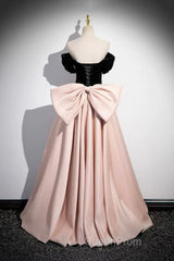 Black Velvet And Pink Satin Long Evening Prom Dresses, Beautiful A-Line Evening Party Dresses With Bow