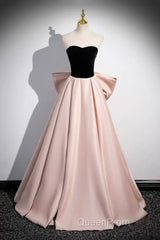 Black Velvet And Pink Satin Long Evening Prom Dresses, Beautiful A-Line Evening Party Dresses With Bow