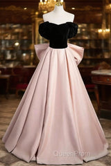 Black Velvet And Pink Satin Long Evening Prom Dresses, Beautiful A-Line Evening Party Dresses With Bow