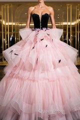 Black Velvet And Pink Tulle Strapless Ball Gown, Pink Backless Ruffles Formal Evening Dresses