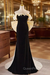 Black Velvet Champagne Bow Strapless Evening Prom Dresses