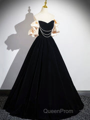 Black Velvet Floor Length Evening Prom Dresses, Off The Shoulder A-Line Evening Party Dresses