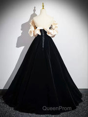 Black Velvet Floor Length Evening Prom Dresses, Off The Shoulder A-Line Evening Party Dresses