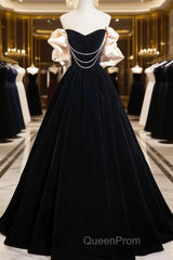 Black Velvet Long A-Line Evening Prom Dresses, Off The Shoulder Evening Party Dresses