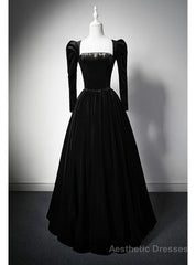 Black Velvet Long Sleeve Crystal Prom Dress