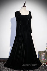 Black Velvet Long Sleeve Evening Prom Dresses, A-Line Evening Party Dresses