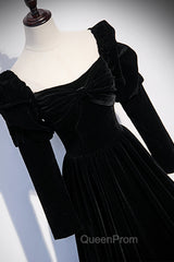 Black Velvet Long Sleeve Evening Prom Dresses, A-Line Evening Party Dresses