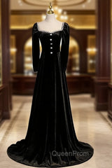 Black Velvet Long Sleeve Square Beading Evening Prom Dresses