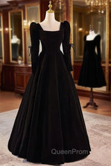 Black Velvet Long Sleeve Square Evening Prom Dresses