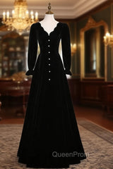 Black Velvet Long Sleeve V-neck Evening Prom Dresses