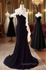 Black Velvet Mermaid One Straps Evening Prom Dresses