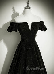 Black Velvet Off Shoulder A-Line Long Evening Prom Dresses, Black Simple Wedding Party Dresses