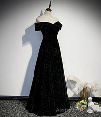 Black Velvet Off Shoulder Long Party Dress, Black Simple Prom Dress