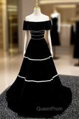 Black Velvet Off the Shoulder Pearls Evening Prom Dresses