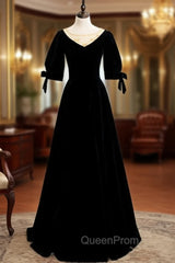 Black Velvet Short Sleeve Beading Evening Prom Dresses