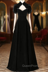 Black Velvet Short Sleeve High Neck Evening Prom Dresses