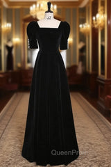 Black Velvet Short Sleeve Evening Prom Dresses