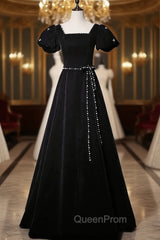 Black Velvet Short Sleeve Square Neck Pearls Evening Prom Dresses