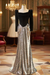 Black Velvet Silver Sequins Long Sleeve Evening Prom Dresses