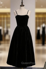 Black Velvet Spagehtti Straps Pearls Evening Prom Dresses