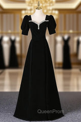 Black Velvet Square Neck Short Sleeve Beading Evening Prom Dresses