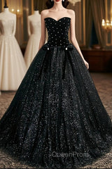 Black Velvet Tulle Long Ball Gown, Black A-Line Evening Gown
