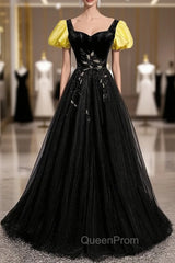 Black Velvet Tulle Square Short Sleeve Evening Prom Dresses