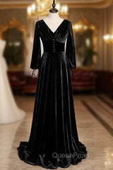 Black Velvet V-neck Long Sleeve Button Evening Prom Dresses
