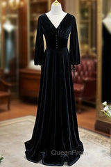 Black Velvet V-neck Long Sleeve Evening Prom Dresses